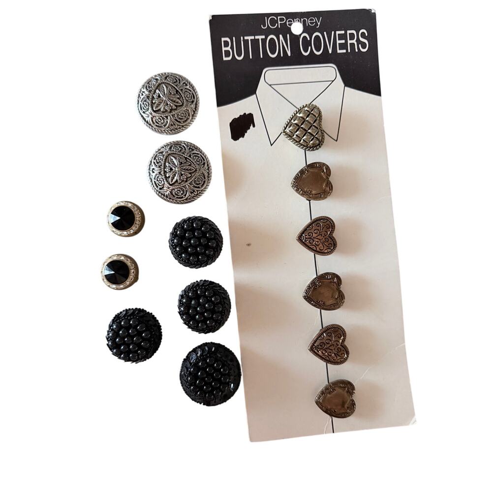 Vintage Mixed lot of 14 button covers silver black rhinestones hearts blouse